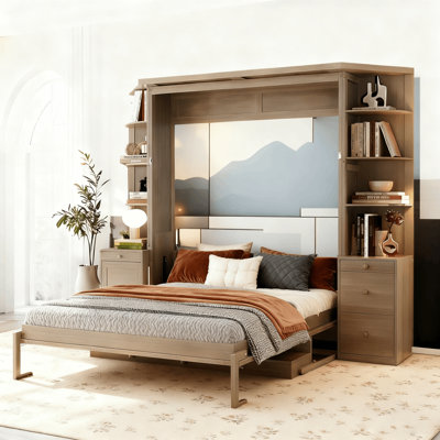 Queen Size Murphy Bed With Storage Desk, Drrawers, Shelves Cabinet And Lighted Headboard