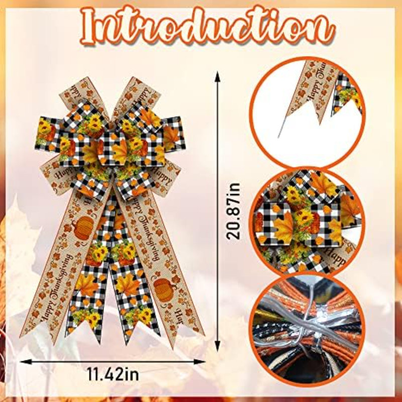 Large Fall Wreath Bows Thanksgiving Bows Pumpkin Words Buffalo Plaid Burlap Bows for Wreaths, Fall Bows Tree Topper Bows for Thanksgiving Home Indoor Outdoor Decoration Wreath Ornament Supplies