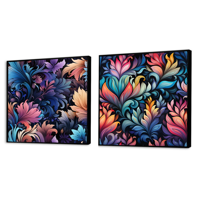 Dutil - Ensemble de 2 collages carrés botaniques abstraits, Cadre flottant noir, H 16 po x l 33 po