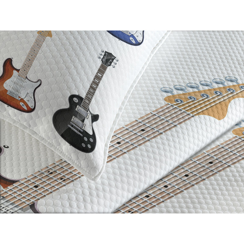 King Size White Quilted Bedspread Set with Guitar Print