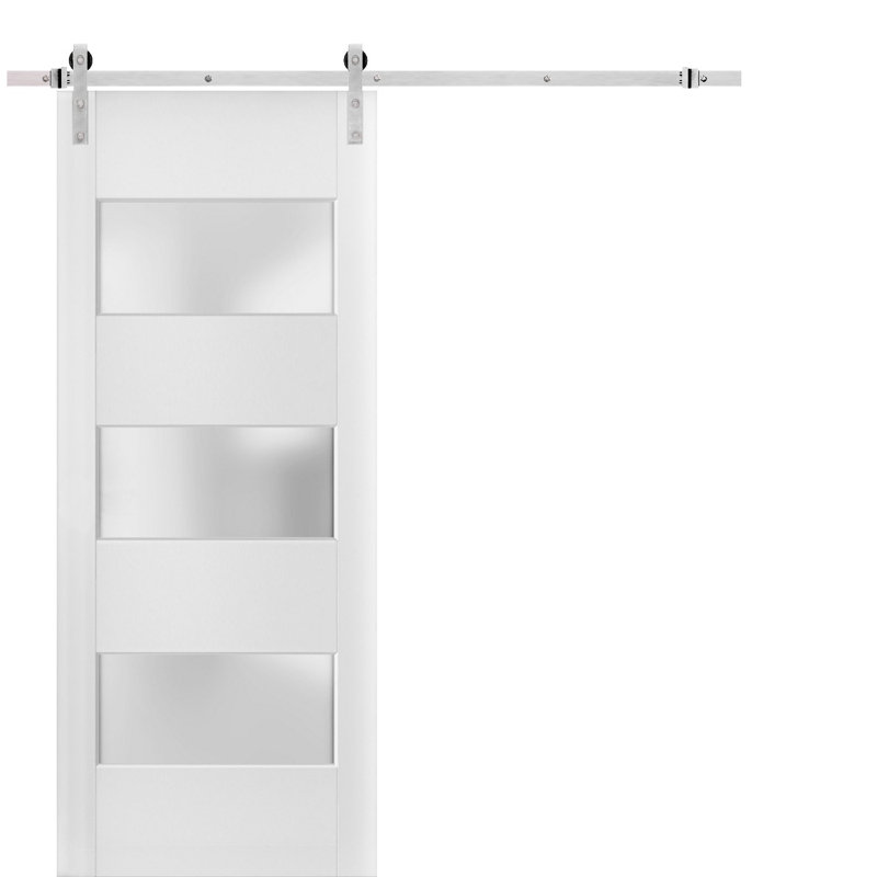 Porte de grange robuste en verre givré 3 lumières | Lucia 4070 soie blanche | Ensemble lourd de cintres en acier inoxydable 8 pi | Portes intérieures solides