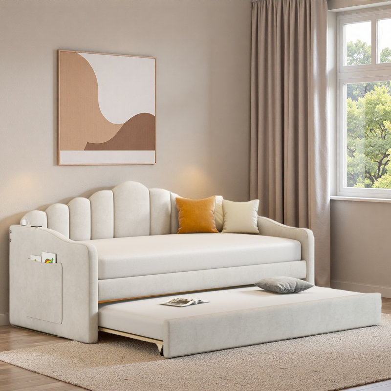 Lit de jour rembourré avec couchette et ports de chargement USB, Beige