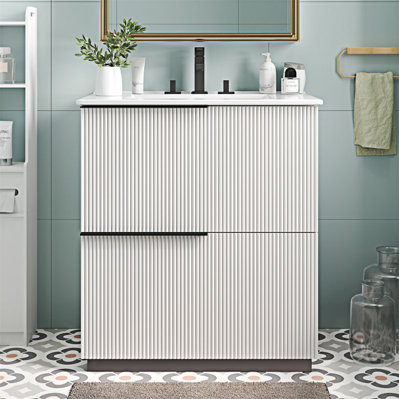 Meuble-lavabo avec lavabo et tiroirs en céramique, Blanc