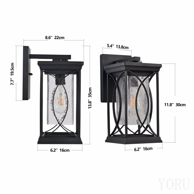 Ensemble de 1 lanterne murale d'extérieur noire de 14 po (H) avec verre craquelé, luminaire d'extérieur résistant aux intempéries pour porche, patio et entrée, applique murale décorative moderne avec base E26 (ampoule non incluse)