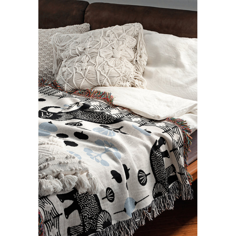 Jeté en mélange de coton Gardo Elephant, L 70 po x l 50 po, Noir, bleu clair, blanc cassé