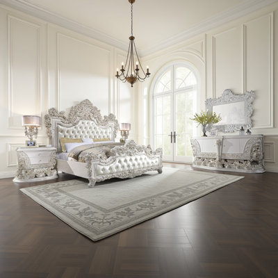Bo 4 Piece Full Bedroom Set, Baroque Style, White Faux Leather Uphosltery