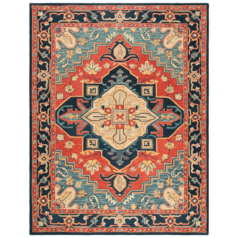 Bluffs Hand Loomed Wool/Cotton/Latex Oriental Rug in Red/Navy, Rectangle 8' x 10'