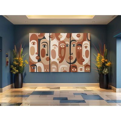 «Abstract faces triptych», reproduction d'art sur toile - Boho moderne, toile de ton neutre, œuvre d'art contemporain