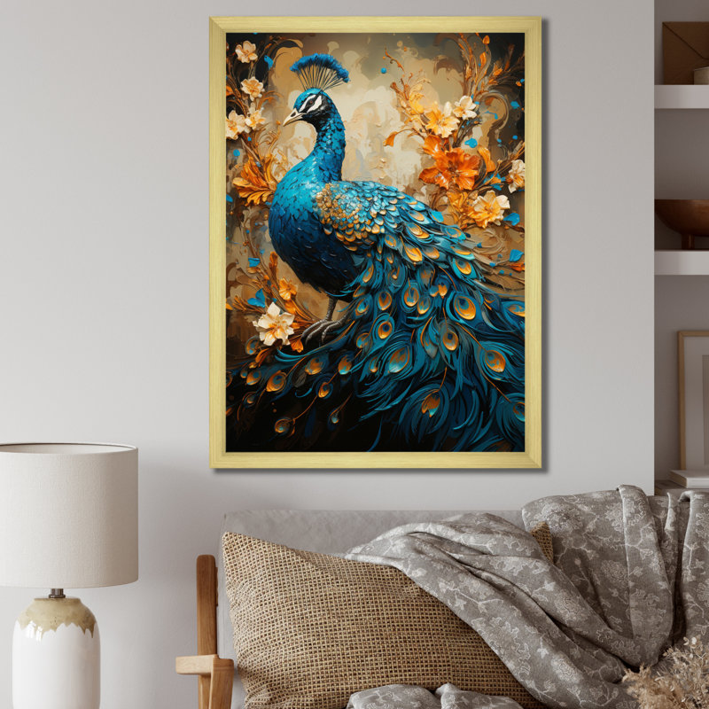 Aakarsh Teal Gold Emerald Peacock Drips - paon, reproduction d'art sur toile encadrée, Toile encadrée or simple