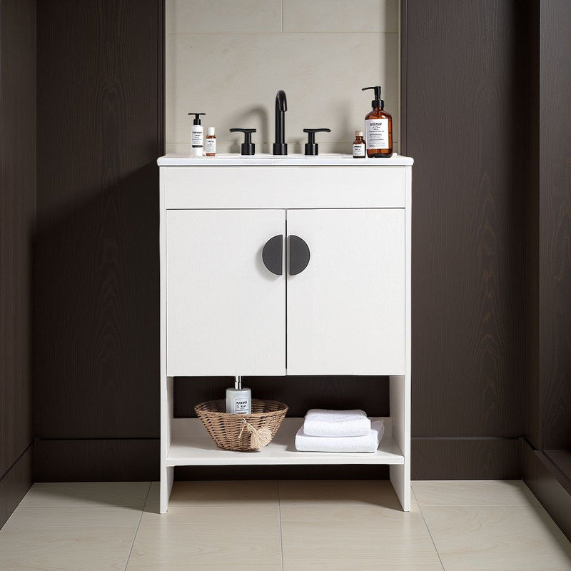 Meuble-lavabo 24 po avec lavabo en céramique, Ivoire/noir