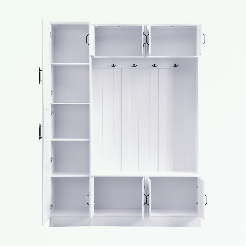 Hall Tree with Shoe Storage Bench, 6 Cabinets, 4 Coat Hooks and Adjustable Shelf, White