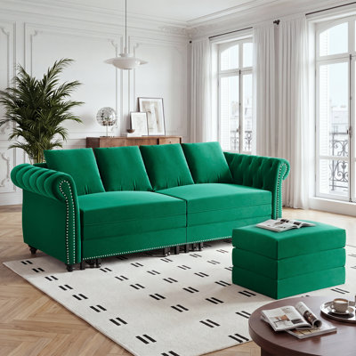 90" Velvet Upholstered Chesterfield Sofa King-Size Pull-Out Sofa Bed, Convertible Sleeper Couch with 4 Pillows, Green