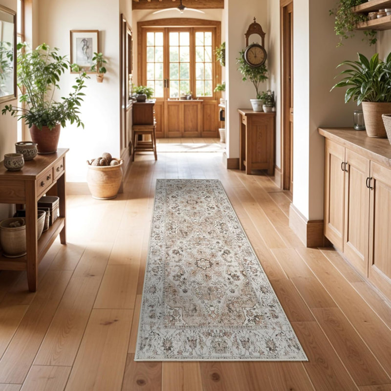 Washable Hallway Rug: Non Slip Rugs with Rubber Backing Soft Kitchen Rug Farmhouse Distressed Carpet for Living Room Bedroom Bathroom (Beige)