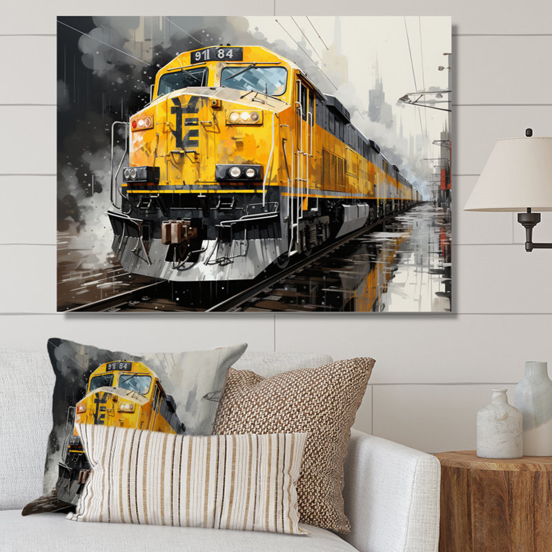Yellow Grey Train Geometric Momentum Yellow II - Transportation Wall Decor, H 12 po x l 20 po x P 1 po, Toile tendue
