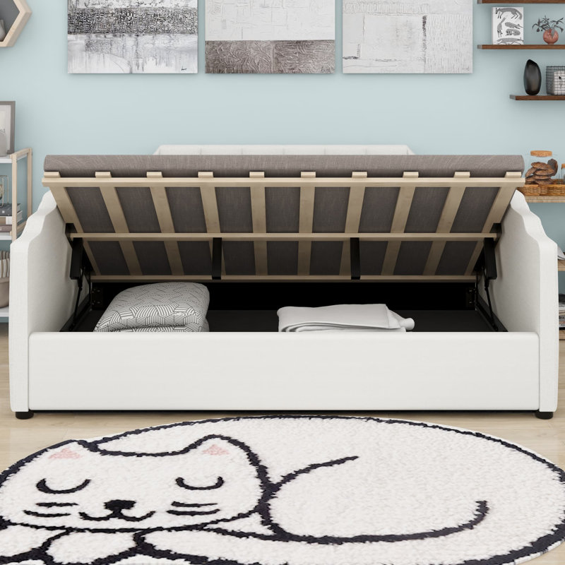 Lit de jour rembourré avec rangement inférieur, Beige
