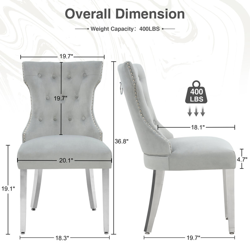 Velvet Nailhead Trim Upholstered Tufted Wingback Dining Chairs (Set Of 2), Gray