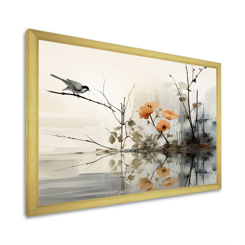 Asian Art Sumi Bird Serenity XVIII Framed On Canvas Print, Gold Single Picture Framed, 34" H x 44" W x 1.5" D