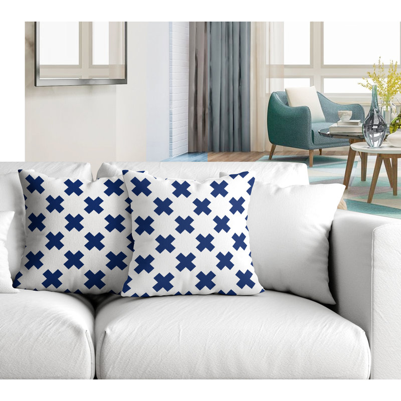 Oreiller carré intérieur / extérieur Saba Criss Cross, L 17 po x H 17 po, Bleu marine