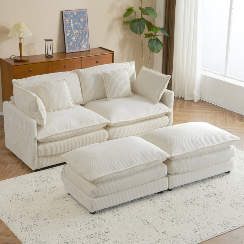 Canapé modulaire moderne avec poches de rangement latérales Russell, H 35,4 po x l 112,6 po x P 57,1 po, Velours côtelé beige