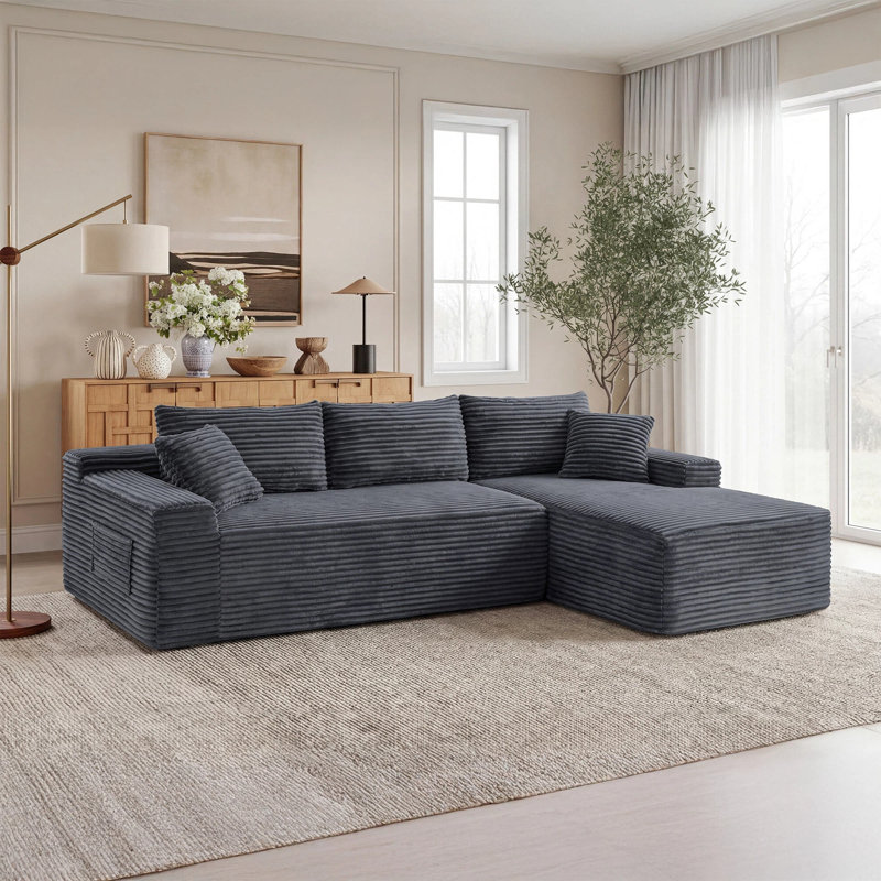 Canapé modulaire en L Corduroy avec méridienne orientée vers la droite, Grey, Grey Foam