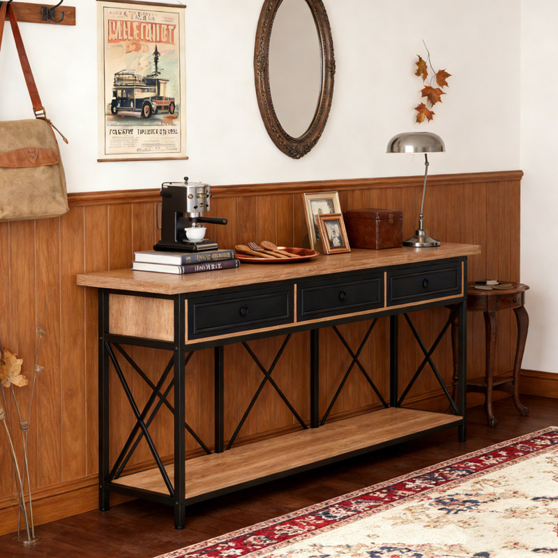 3-Drawer Console Table Sofa Foyer Table with Storage Shelf, Black & Brown