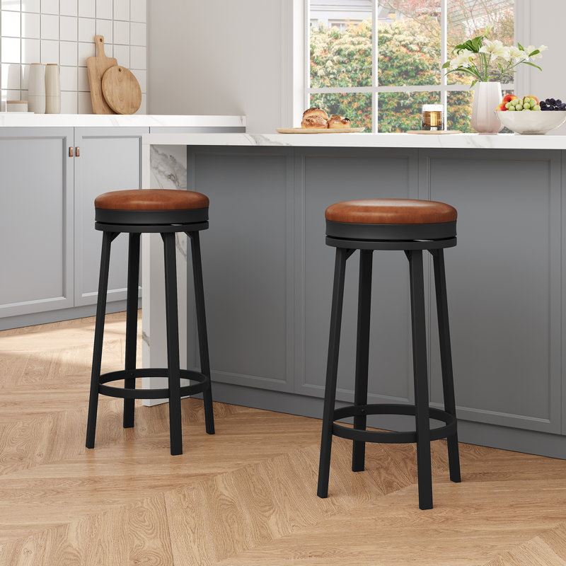 30" Swivel Bar Stools Set of 2/4 with Upholstered PU Leather Cushion, Backless Round, Brown, 2