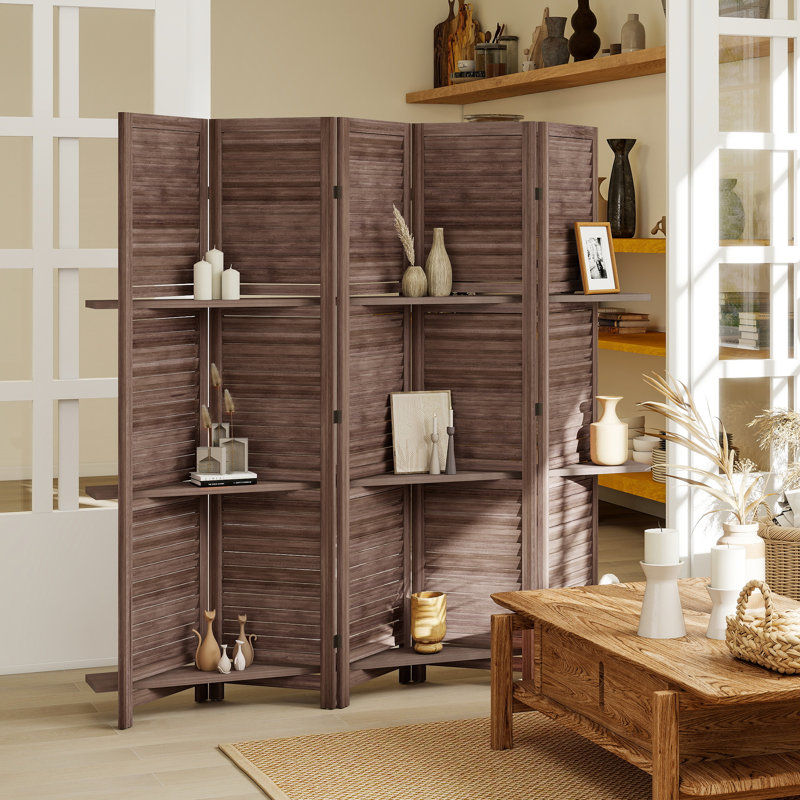 Paravent, grand écran d'intimité en bois à 5 panneaux de 67 po avec 3 tablettes de présentation et rangement pliant pour la chambre à coucher ou le bureau personnel, noyer