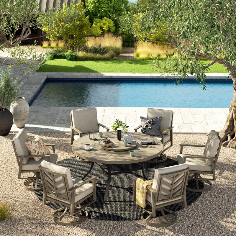  Amario Patio 6 Person Aluminum Round Dining Set With Lazy Suan, Umbrella Hole And Sunbrella® Cushions
