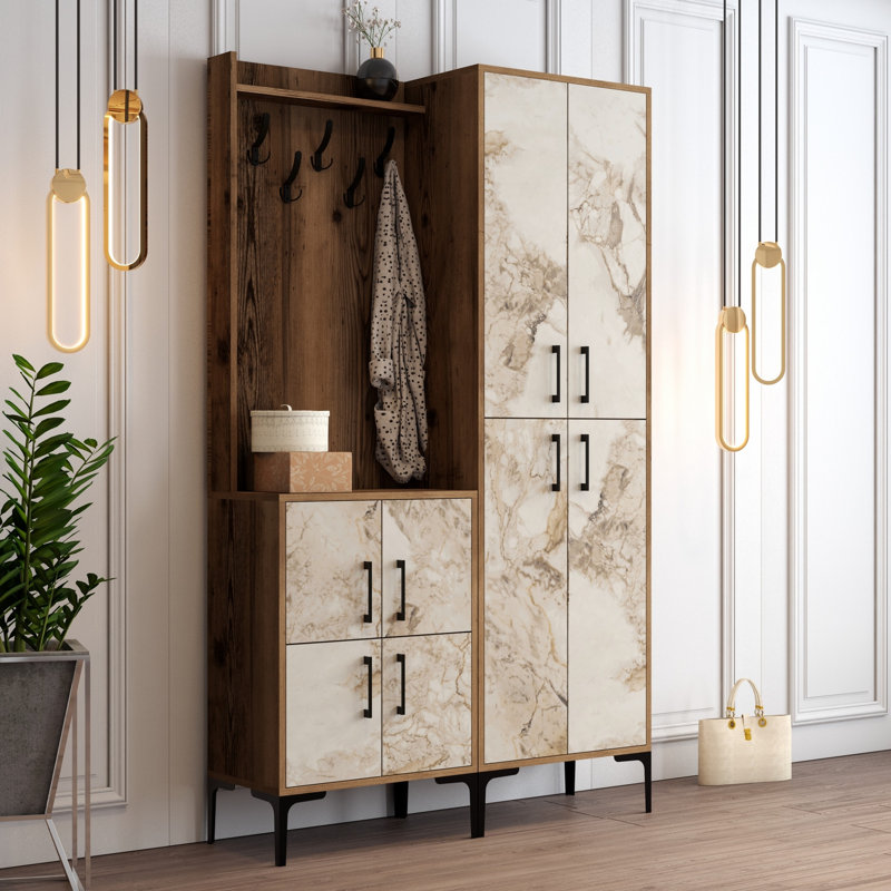 Modern Hall Stand with Coat Rack, Walnut & White Finish, 47.2 x 78.7 x 13.8 Inches | 100% Melamine Coated Particle Board, Metal Legs, Plastic Handle | Versatile Wall-Mounted Design with Numerous Shelves for Home Organization