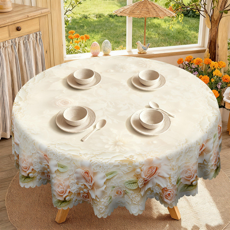 Rose Floral Pattern Design Machine-Washable Polyester Tablecloth