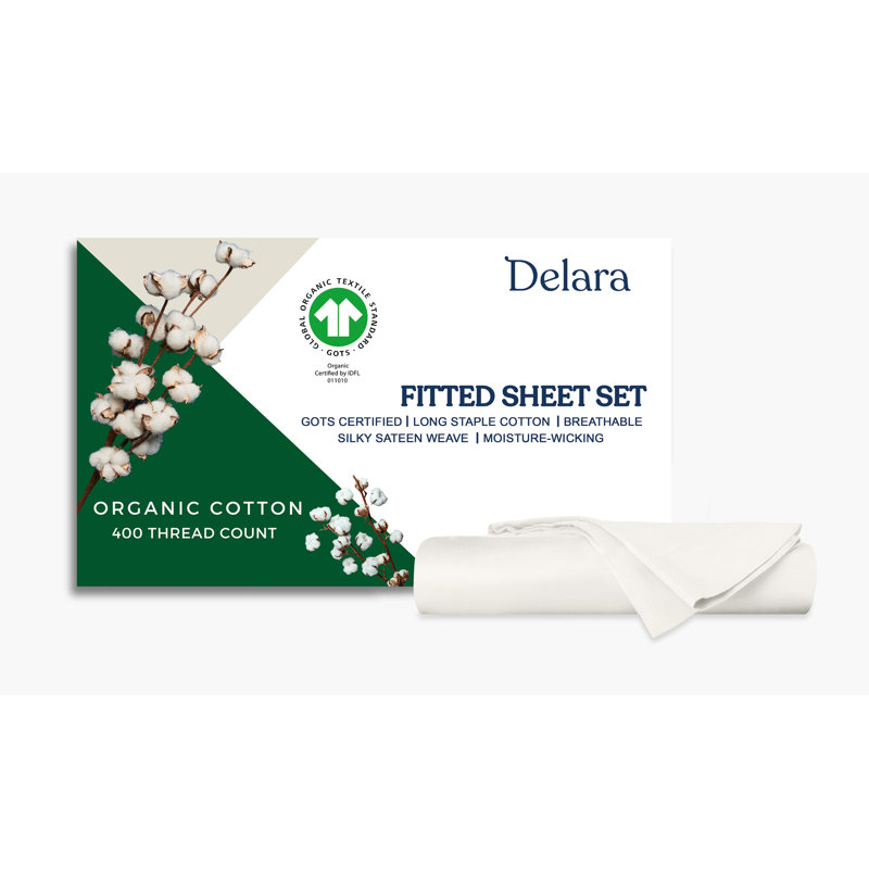 Delara GOTS Certified 100% Organic Cotton Sateen Fitted Sheet Set, 400TC Long Staple, Soft & Breathable with Deep Pocket