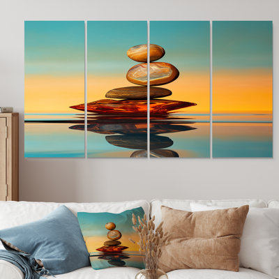 «Zen Stones Turquoise Sky Sunset Glow», art mural sur toile méditation 4 pièces