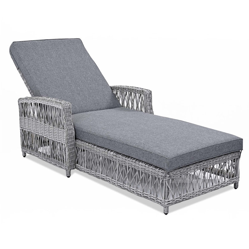 Outdoor Long Reclining Chaise, Wicker Lounge With Armrests, Patio Adjustable Recliner With Soft Removable Cushions, Gray