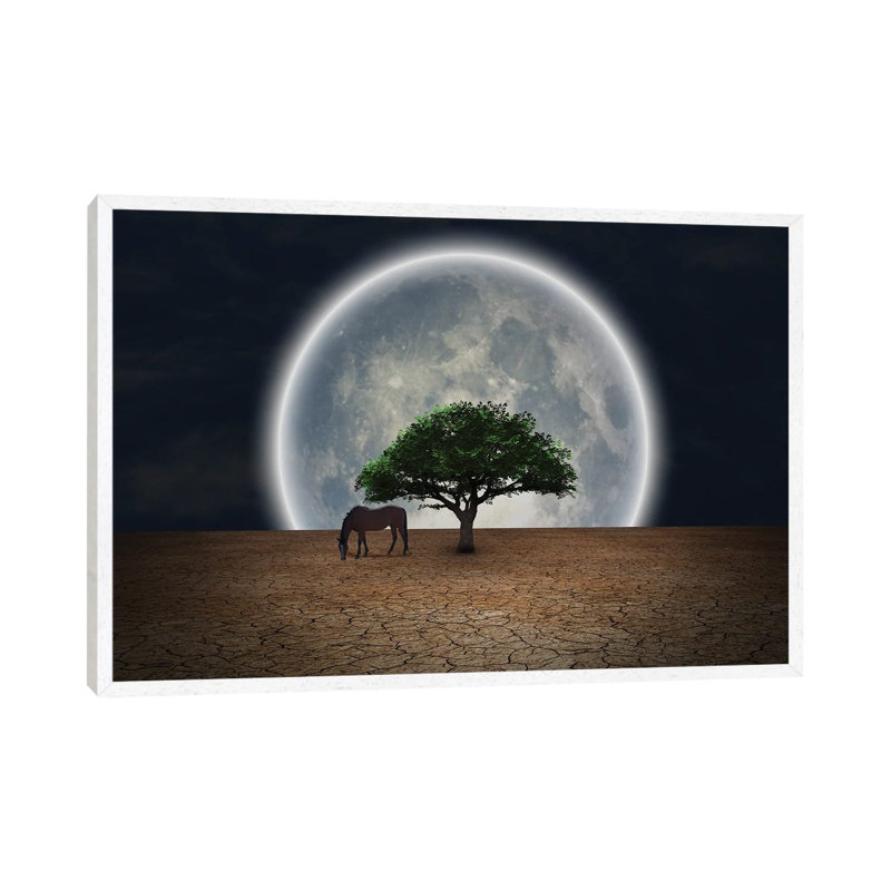 Surrealism Horse Grazes Near Green Tree In Arid Land Full Moon At The Horizon by Bruce Rolff - Gallery-Wrapped Canvas Giclée on Canvas