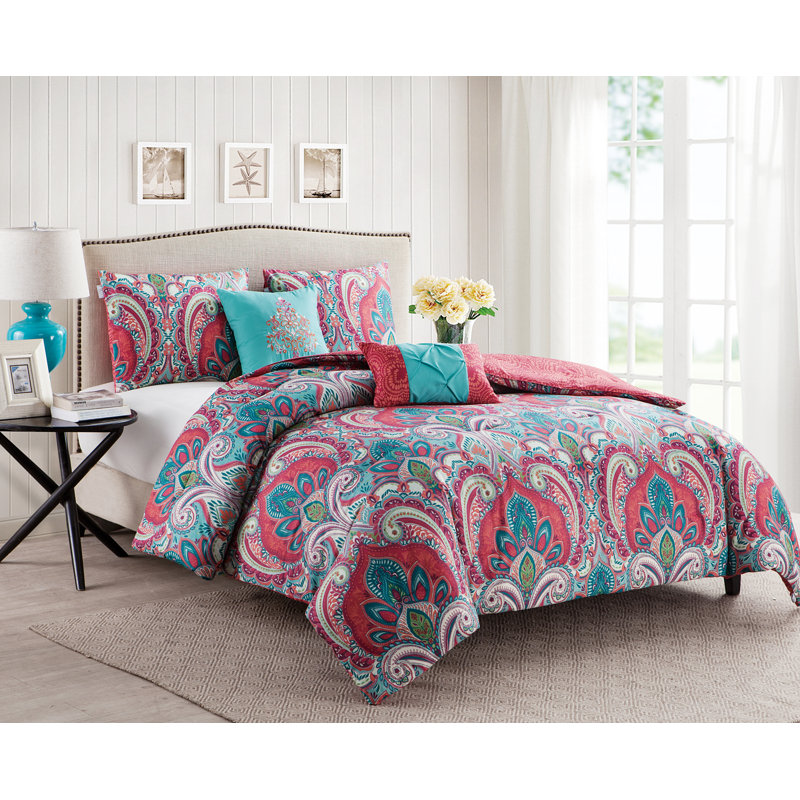 Casa Re’al Damask Reversible Comforter Set, King Comforter+2 Standard Shams+2 Throw Pillows, Coral