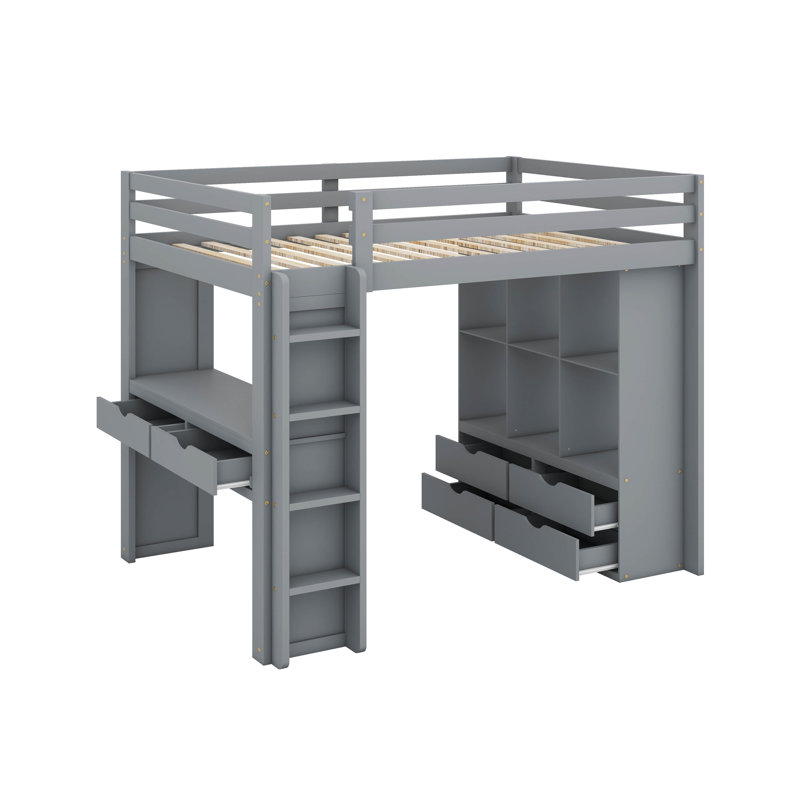 Lit mezzanine double avec grandes tablettes, bureau et DEL, Gris