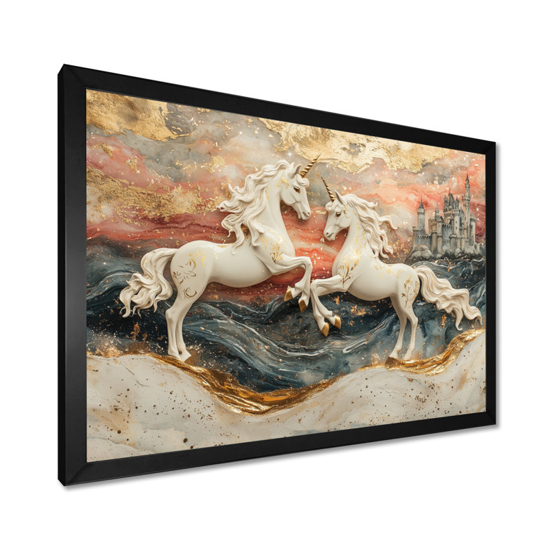 Markeese, licornes dorées sur un château cosmique, paysage II - licornes, art mural, Reproduction encadrée d'une seule photo