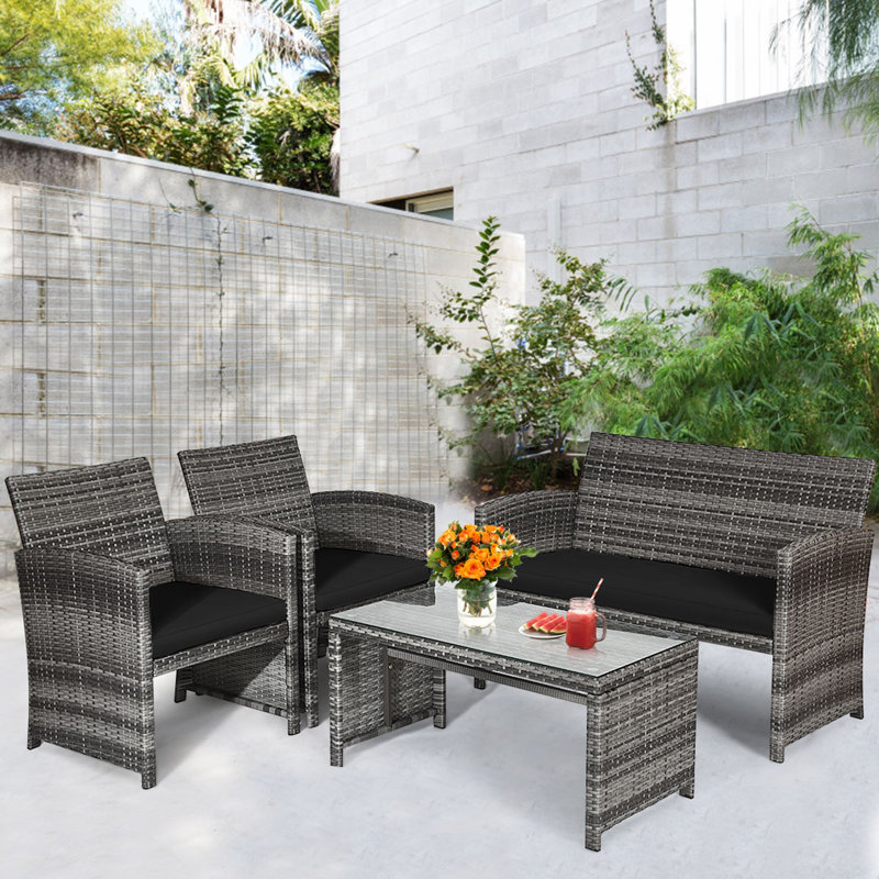 Akshath 4pcs Patio Rattan Furniture Conversation Set With Glass Table Top And Cushions, Black