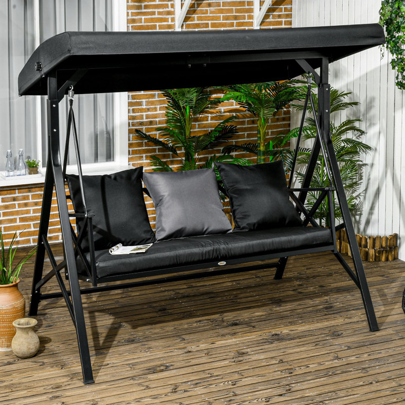 Balancelle de patio 3 places Outsunny, balancelle avec coussin, 3 coussins décoratifs et auvent réglable pour porche, jardin, bord de piscine, jardin, noir
