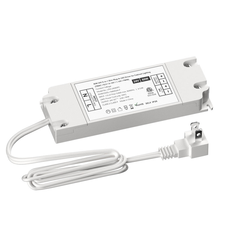 60W 24V 5-en-1 Slim LED Plug-in Plug-in, bloc d'alimentation pour éclairage d'armoire