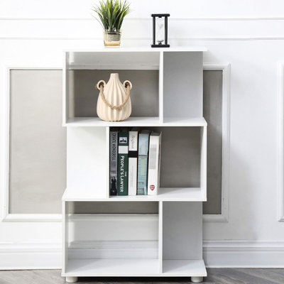 Modern 3 - Shelf White Staggered Bookcase, Electronics, Books, Decor, American Style, Wood Low Maintenance Electronics Organization, Books Decor Bookcase