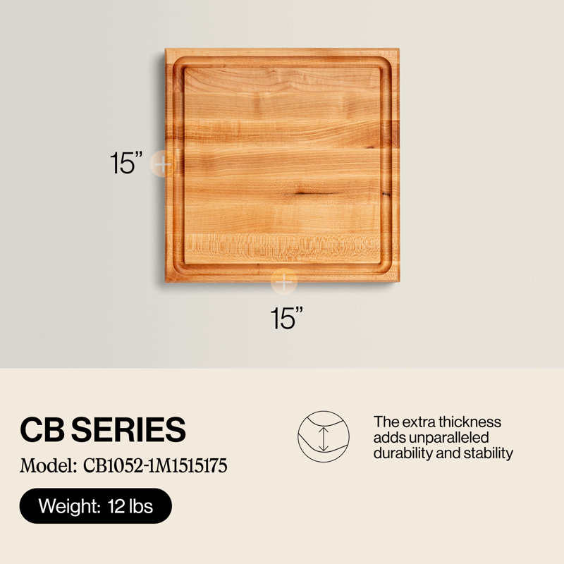John Boos Chef's Collection Edge Grain 1.75" Maple Cutting Board with Groove, 15" L x 15" W x 1.75" D