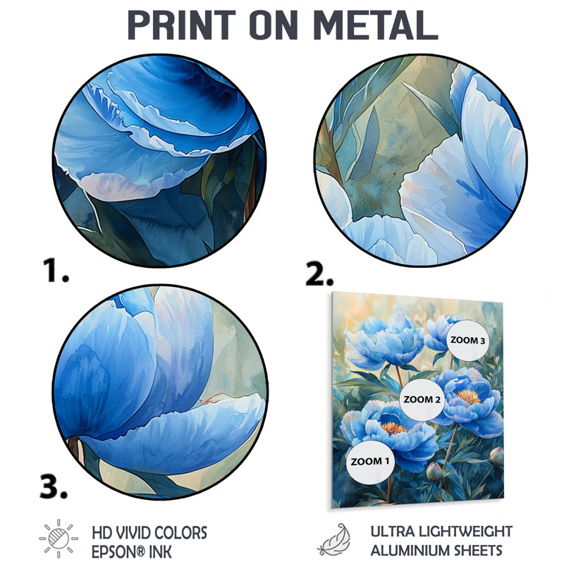 Pivoines bleues turquoise dans le jardin II - impression de pivoines sur métal, H 20 po x l 12 po