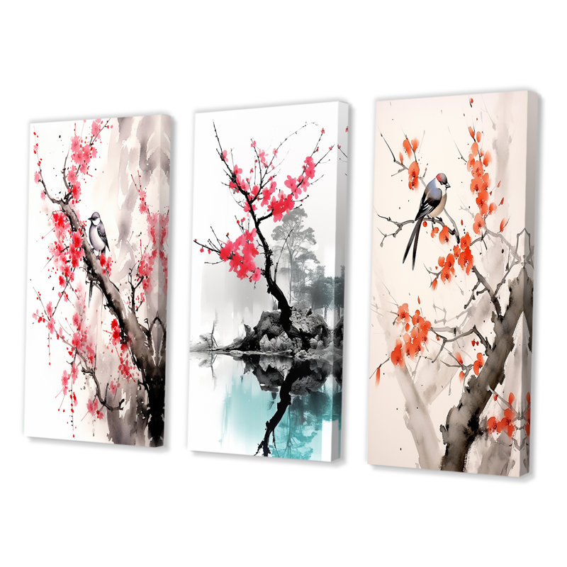 Asian Art Sumi Bird Serenity - Ensemble d'art asiatique de 3 pièces, Toile tendue, H 40 po x l 60 po