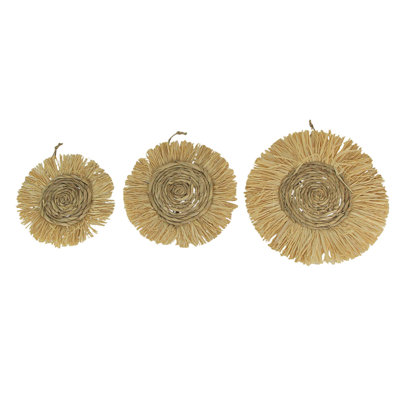 Bohemian natural brown wicker and dried grass set of 3 round wall art sculptures with twine hangers — 15", 12", 10.5" diameter