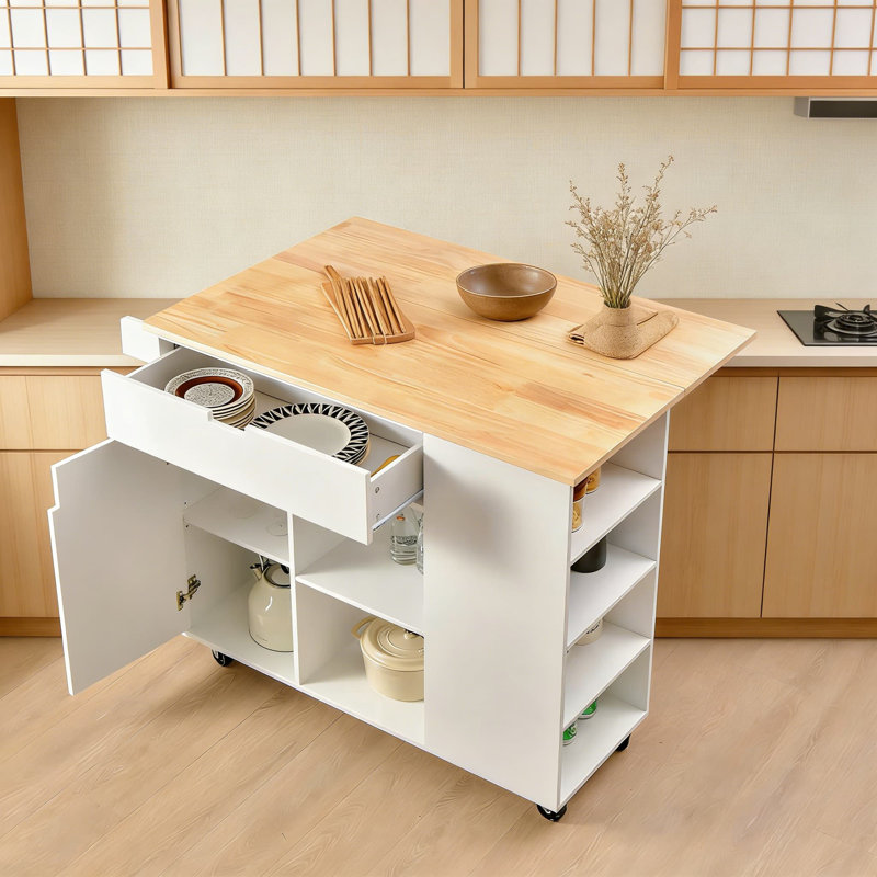Chariot pour îlot de cuisine avec comptoir rabattable, étagère à épices, tablettes de rangement et tiroir, chariot de service mobile sur roulettes verrouillables pour la cuisine, la salle à manger ou le café