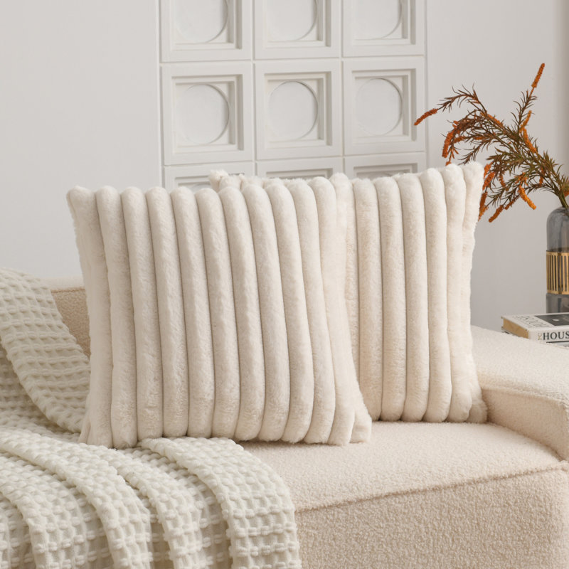 Soft Cozy Faux Rabbit Fur Throw Pillow Covers Striped Decorative  Cushion Covers, Square 20", White