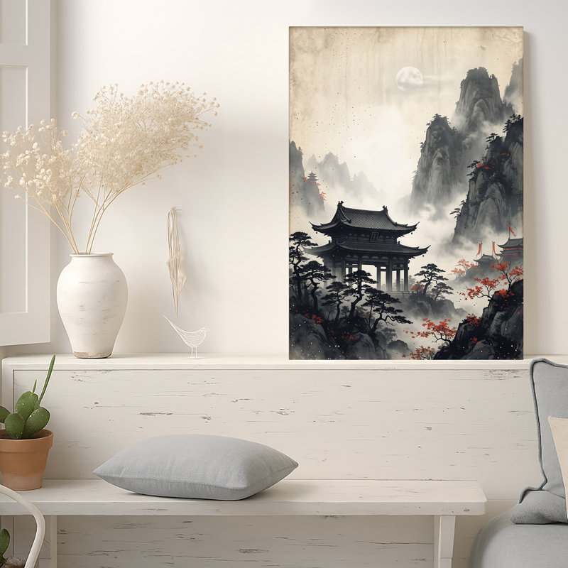«Ink Wash Pagoda» au milieu des montagnes brumeuses et de la pleine lune, art mural sur toile, 30"H x 20"W