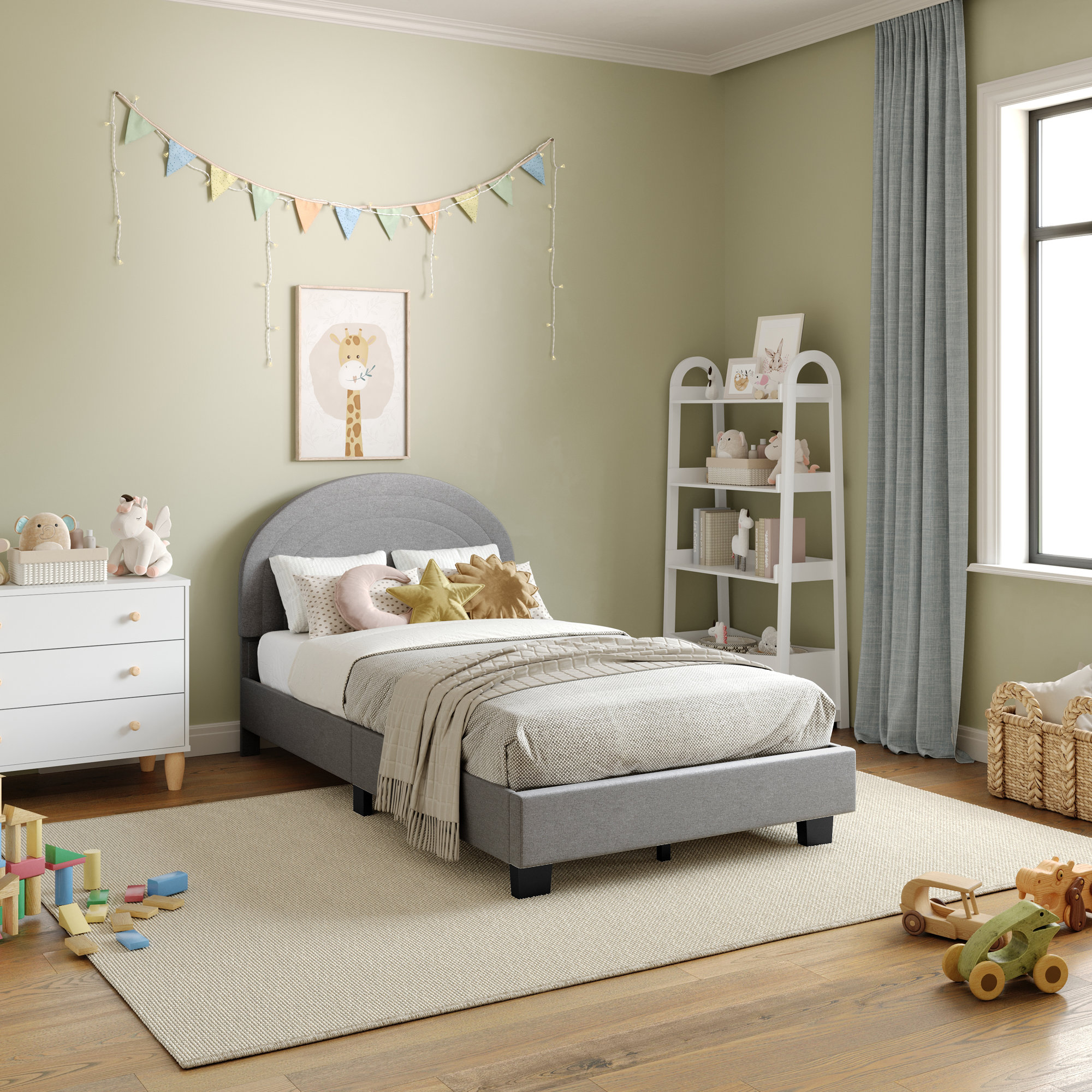 Upholstered Platform Bed Frame - Curved Stitched Headboard And Slat Foundation, Twin, Gray