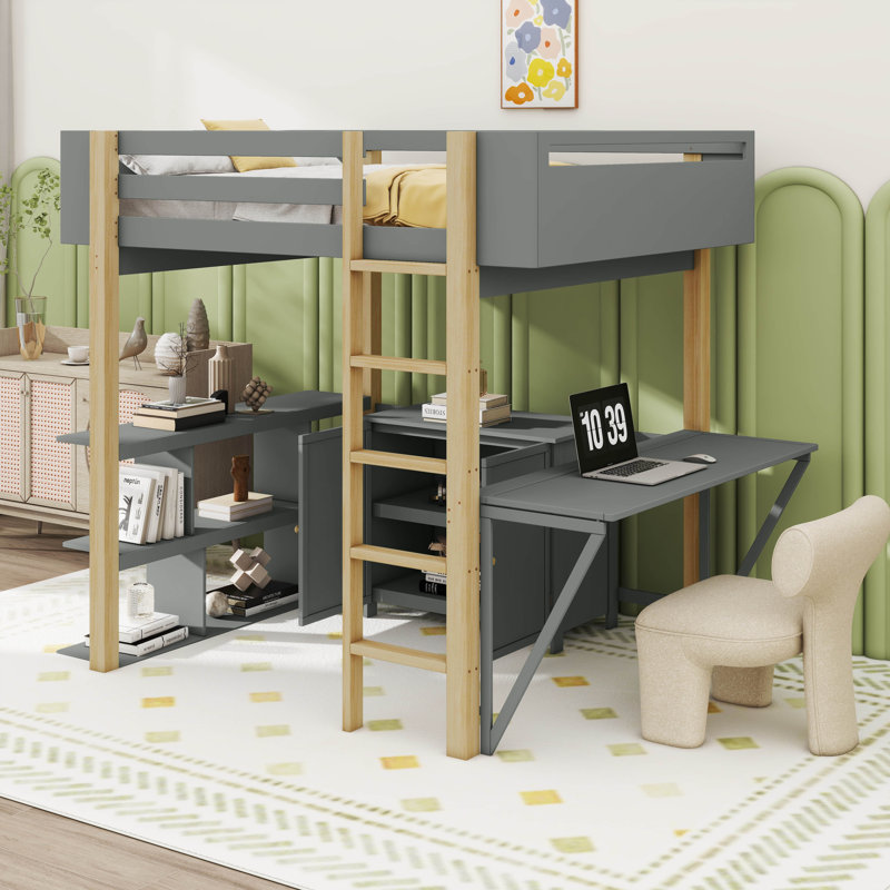 Lit mezzanine Janelly, pour enfants, Double, Gris